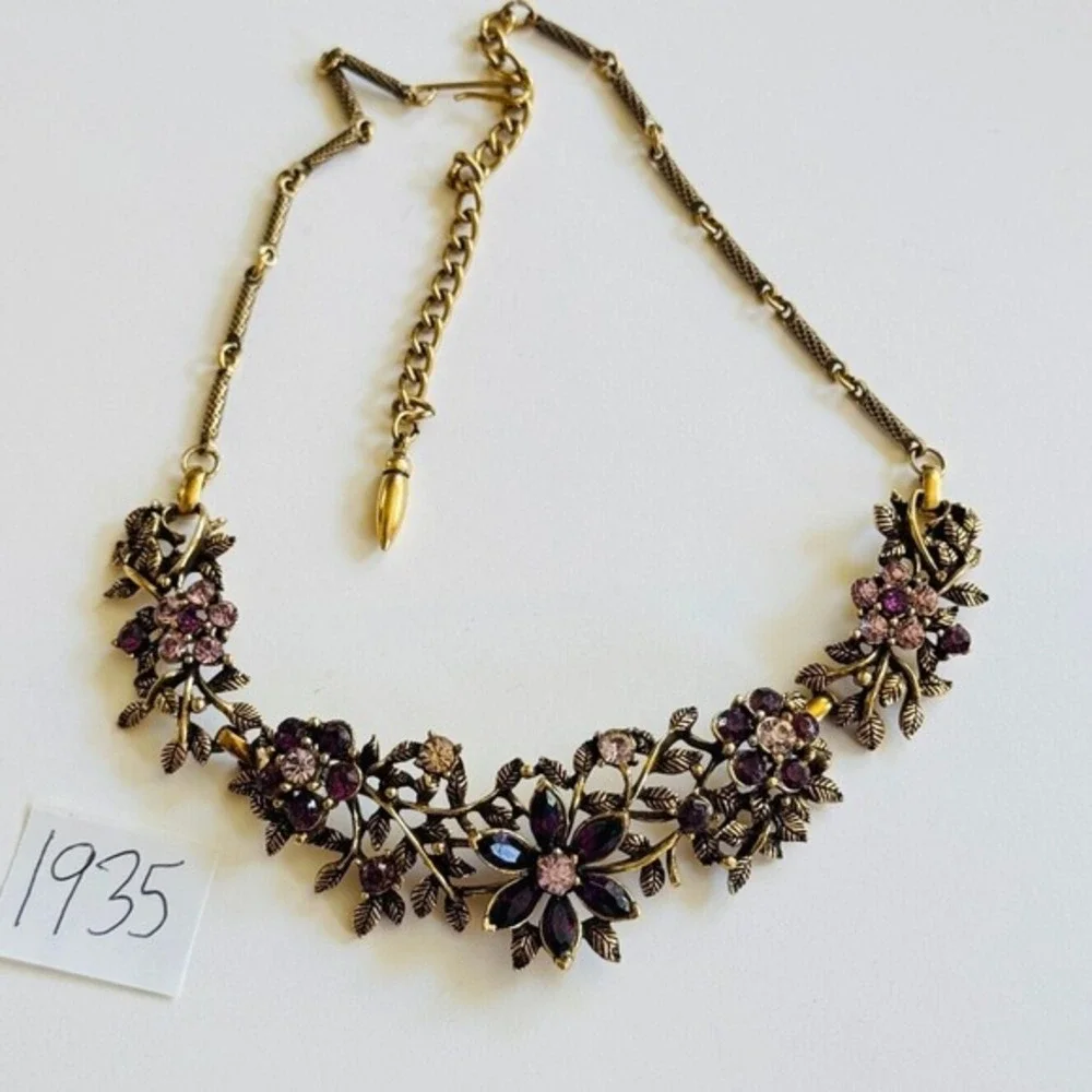 VTG‎ Flower Crystal Rhinestone Necklace Bronze Rare Regency Purple Lilac Floral
